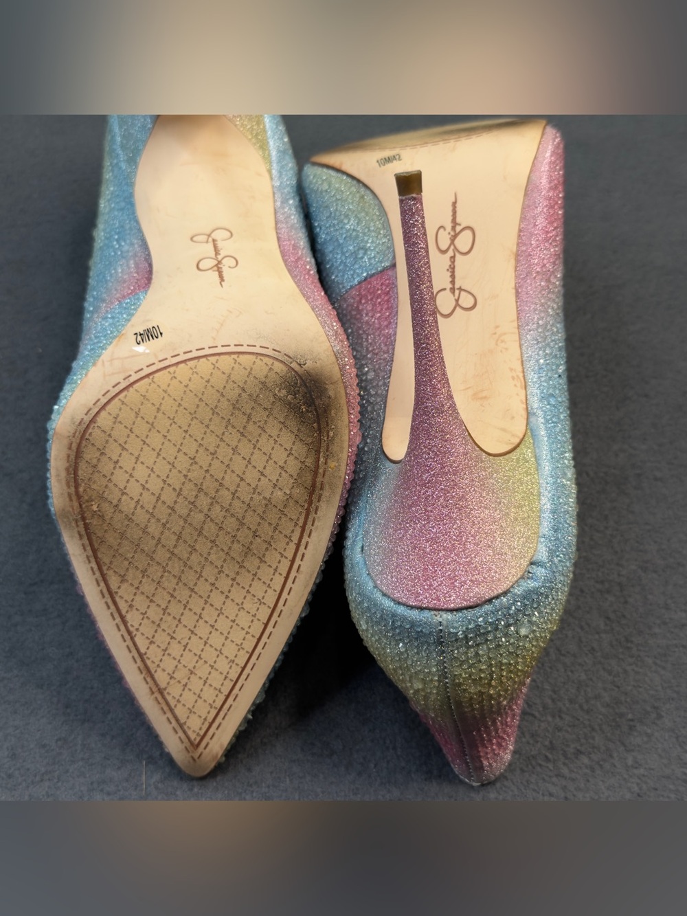 Jessica Simpson Pastel Rainbow Crystal Pointed Toe Pumps - Pink Blue Yellow - Picture 4 of 12
